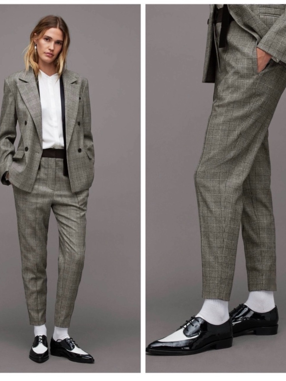 All Saints Bea Wool Blend Check Plaid Slim Leg Trouser Pants Grey US 6